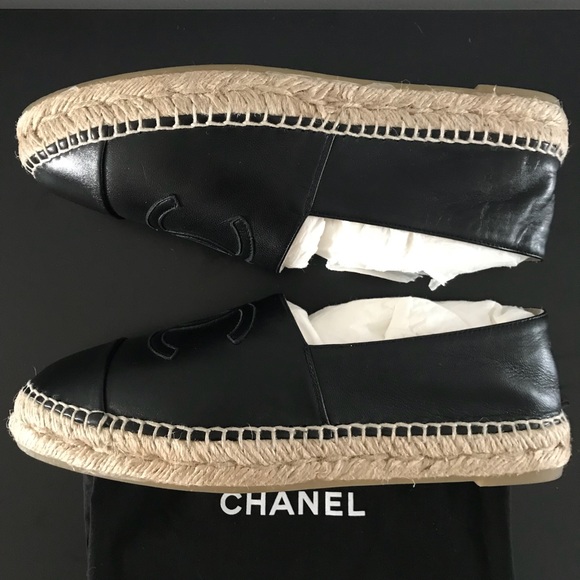 CHANEL BLACK LAMBSKIN LEATHER ESPADRILLES FLATS 38 - Picture 4 of 8